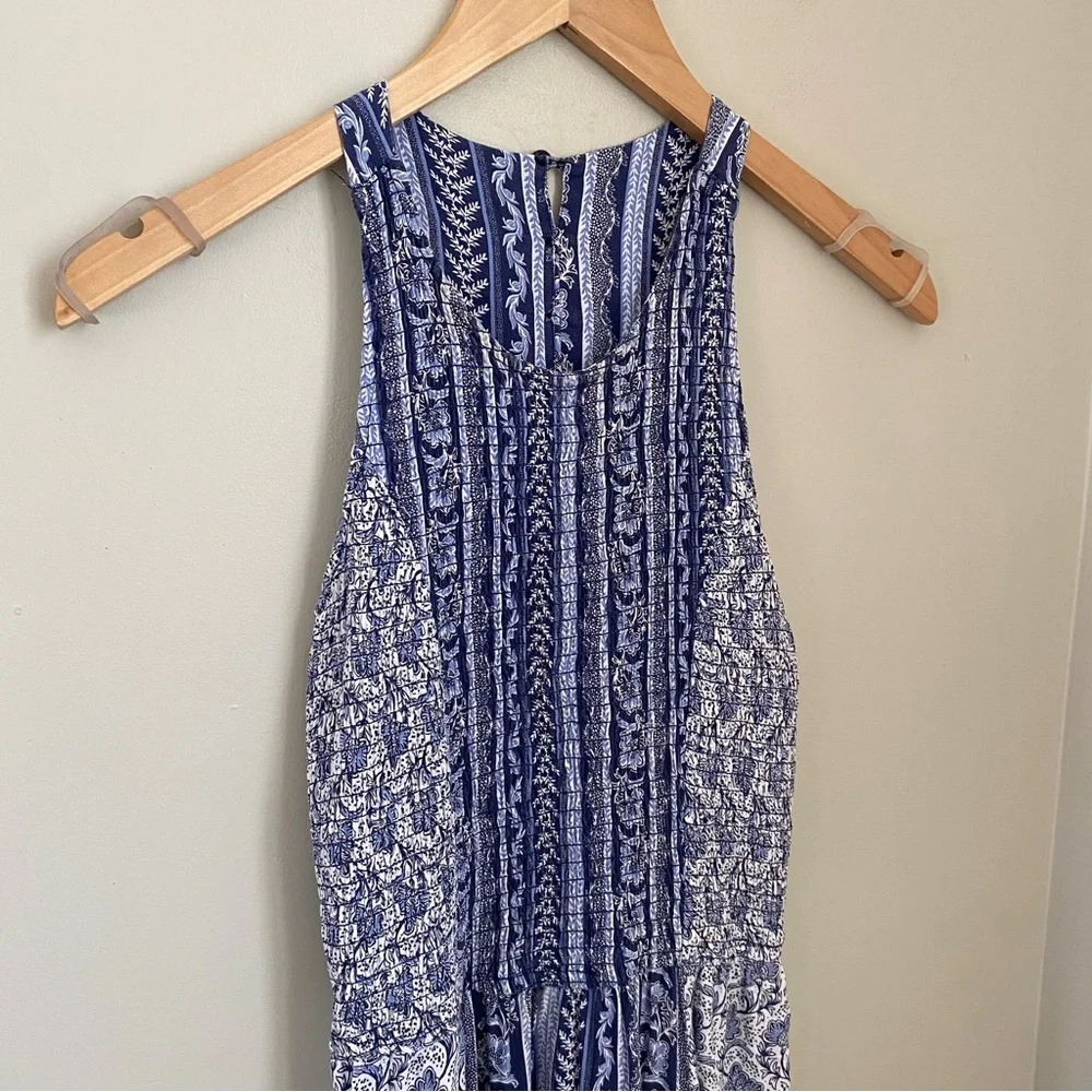 House of Harlow 1960 Smocked Maxi Dress Blue Print Size XS Resortwear Boho Beach - Picture 3 of 10